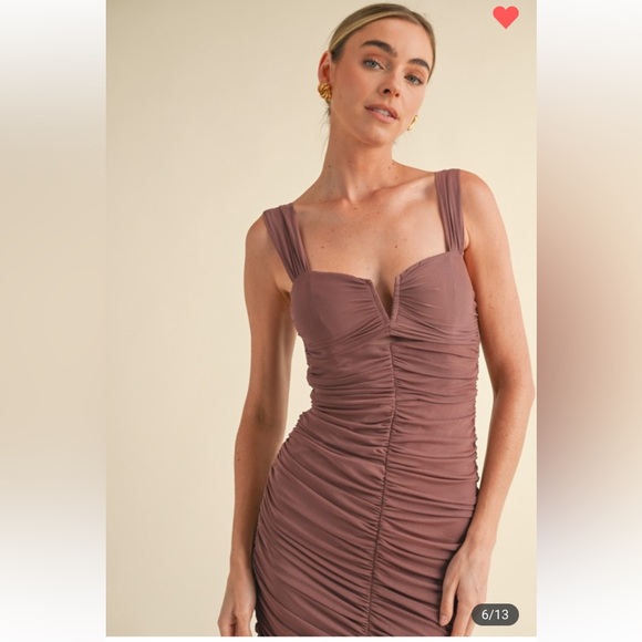 #155 RUCHED SOLID MESH FISH TAIL MIDI DRESS - Picture 6 of 7